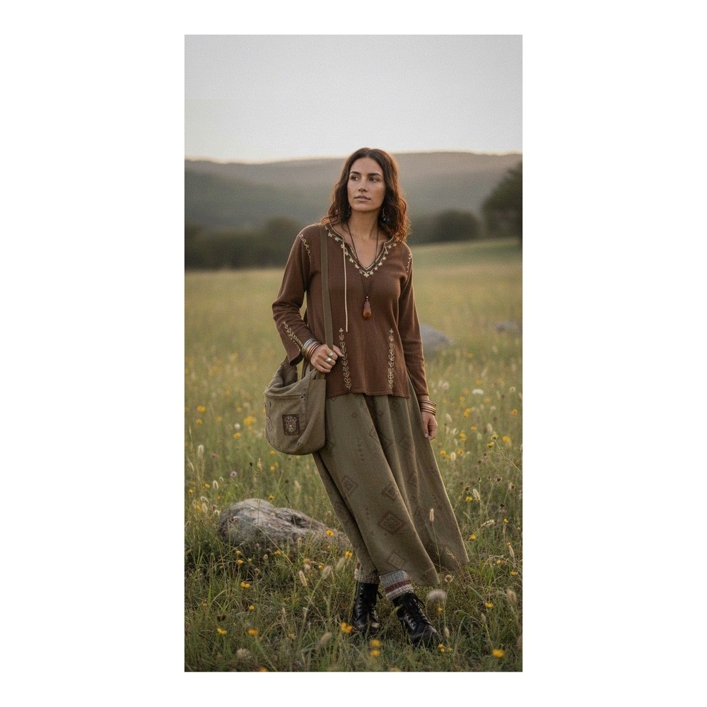 Vintage Brown Embroidered Sweater Womens Large Cottagecore Earthy Boho Indie‎